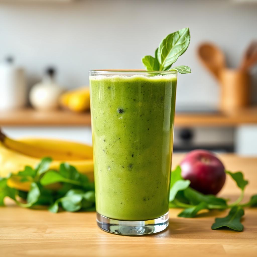Ποτήρι με πράσινο smoothie σε πάγκο κουζίνας